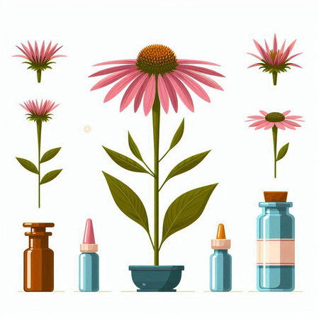 Echinacea flowers and essential oil in bottles. Vector illustration.のイラスト素材