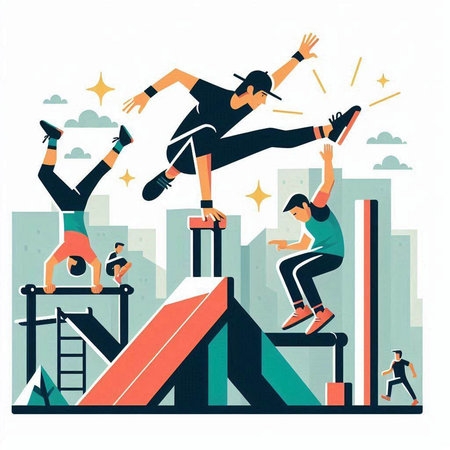 Young people jumping over obstacles, vector illustration. Flat style design.のイラスト素材