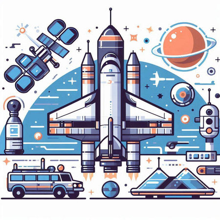 Space station and rocket. Spaceship in outer space. Vector illustrationのイラスト素材