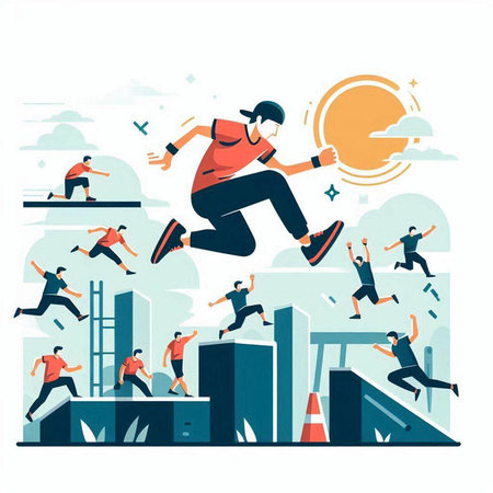 People jumping over obstacles. Flat vector illustration of people jump over obstacles.のイラスト素材