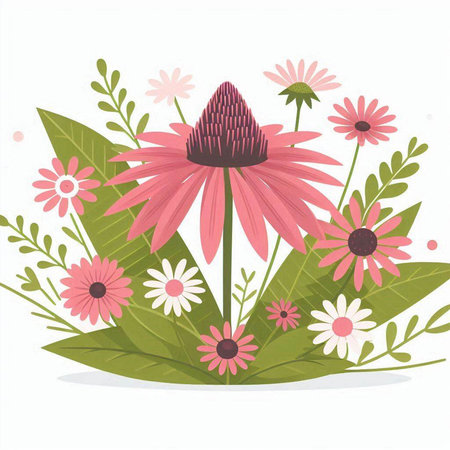 Echinacea flower with leaves. Vector illustration on white background.のイラスト素材