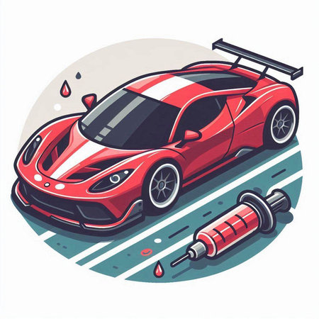 Vector illustration of a red sports car on the road with a spark plugのイラスト素材