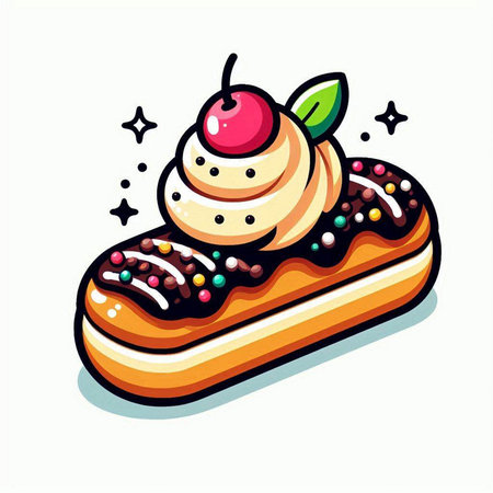 Illustration of a sweet cake with cream and cherry on top.のイラスト素材