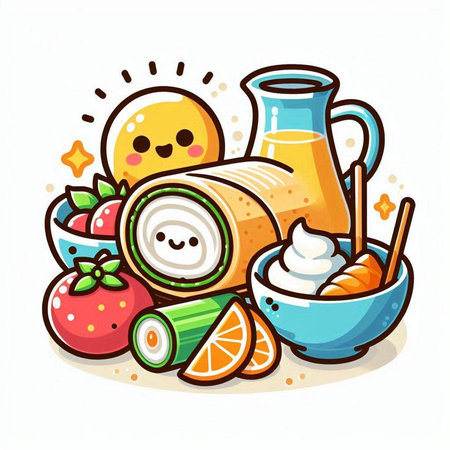 Healthy food. Vector illustration of a funny kawaii cartoon character.のイラスト素材