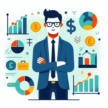 Vector illustration of a businessman in a flat style. Business concept.のイラスト素材