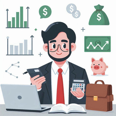 Businessman working with laptop, calculator and piggy bank. Vector illustration.のイラスト素材