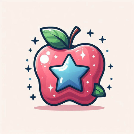 Cute cartoon apple fruit character with star and leaf. Vector illustration.のイラスト素材