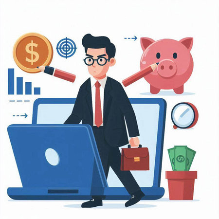 Businessman with laptop and piggy bank. Vector illustration in cartoon styleのイラスト素材