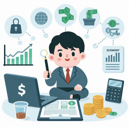 Businessman analyzing investment charts with magnifying glass. Vector illustration.のイラスト素材