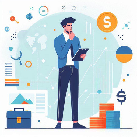 Businessman thinking about money. Vector illustration in flat cartoon style.のイラスト素材