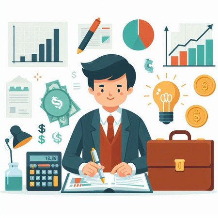 Businessman working at office with financial charts and graphs. Vector illustrationのイラスト素材