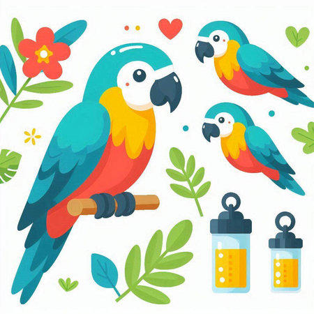 Set of cute parrots on a white background. Vector illustration.のイラスト素材