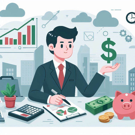 Businessman sitting at office desk with money, calculator and piggy bank. Vector illustrationのイラスト素材