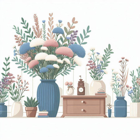 Illustration of a cozy living room with flowers and plants in a vaseのイラスト素材