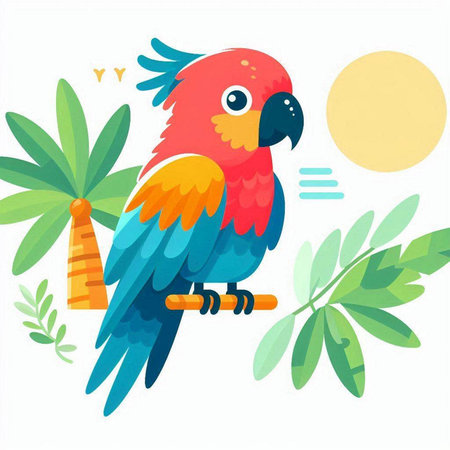 Cute parrot vector illustration. Cartoon parrot with palm leaves.のイラスト素材