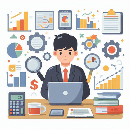 Businessman working at office. Vector illustration in a flat style.のイラスト素材