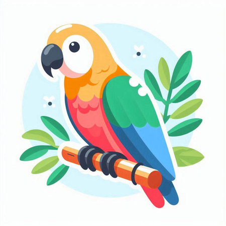 Cute parrot sitting on a branch. Vector illustration in cartoon style.のイラスト素材