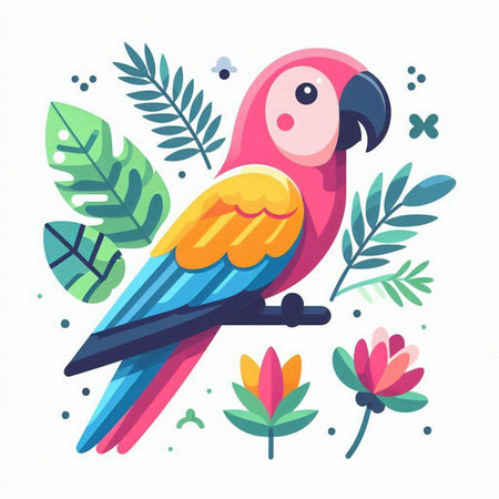 Cute parrot with flowers and leaves. Cartoon vector illustration.のイラスト素材