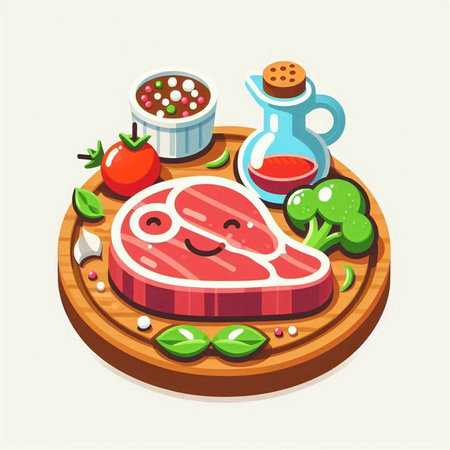 Steak with vegetables and spices on wooden plate. Vector illustration.のイラスト素材