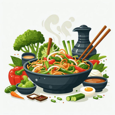 Chinese noodles in a bowl with chopsticks, vegetables and sauce. Vector illustration.のイラスト素材
