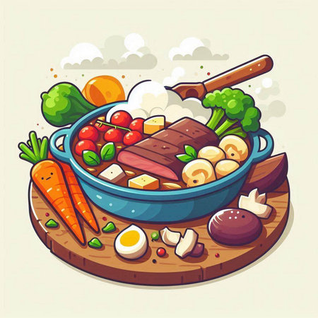 Vector illustration of a bowl of vegetable soup with meat and vegetables.のイラスト素材