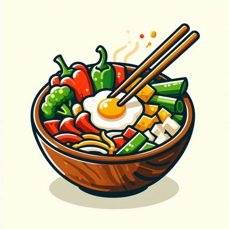 Bowl of noodle soup with vegetables and egg. Vector illustration.のイラスト素材