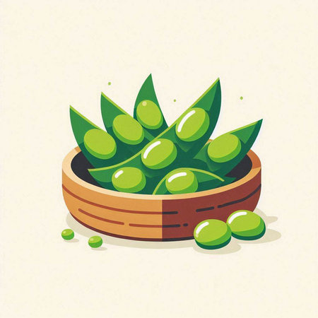 Illustration of green peas in a wooden bowl. Vector illustration.のイラスト素材