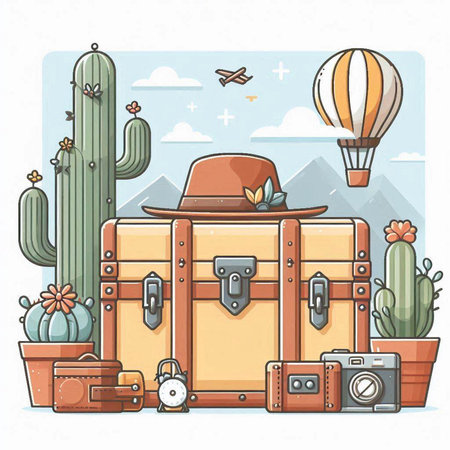 Vector illustration of an old suitcase with a hat, cactus, hot air balloon and other objects.のイラスト素材