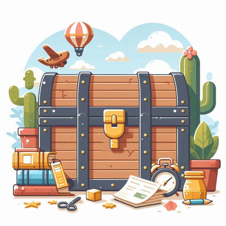 Treasure chest, books and other things. Vector illustration in cartoon style.のイラスト素材