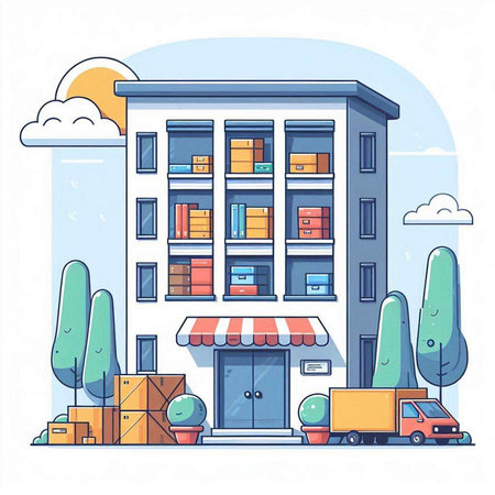Vector illustration of a building with awning, car and boxes.のイラスト素材
