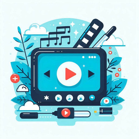 Video player with media player on blue background. Flat style vector illustration.のイラスト素材