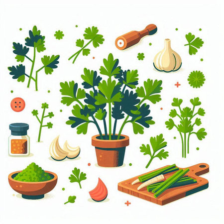 Parsley, garlic, dill, parsley, coriander, parsley, onion, pepper and spices. Vector illustrationのイラスト素材