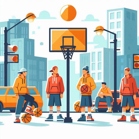 Basketball players on street, vector illustration. Streetball players in sportswear playing basketball on city street. Streetball, streetball, streetball, streetball, streetball conceptのイラスト素材