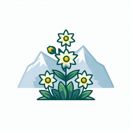Illustration of a snow mountain with flowers on a white background.のイラスト素材