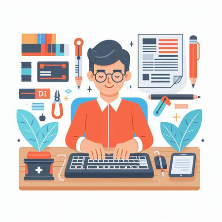 Man working on computer at home office. Vector illustration in flat styleのイラスト素材