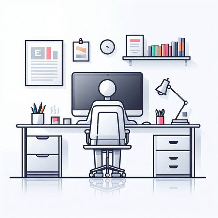 Workplace with computer, office desk and chair, vector illustration.のイラスト素材