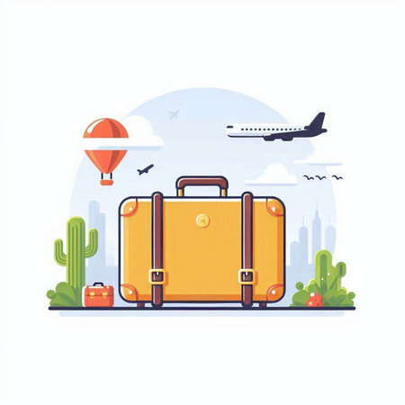 Traveling around the world concept. Luggage and airplane. Vector illustrationのイラスト素材
