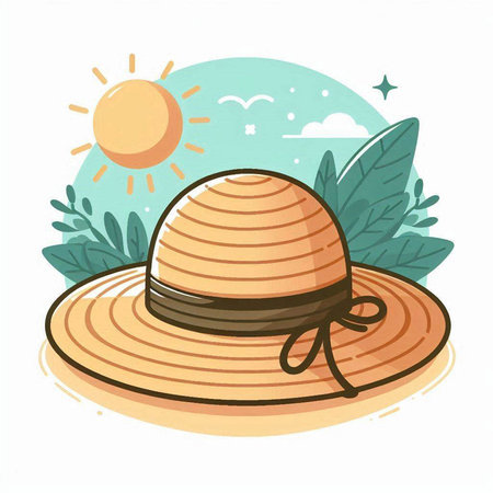 Summer straw hat with sun and leaves, hand drawn vector illustration.のイラスト素材
