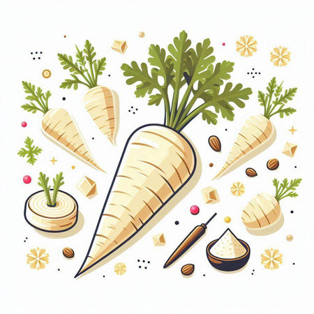 Vector illustration of fresh parsnip with green leaves and seeds.のイラスト素材