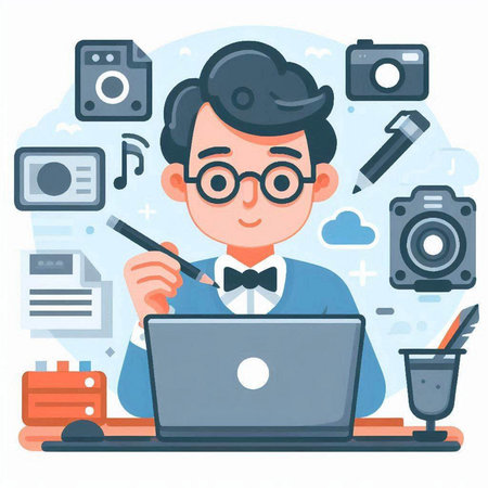 Character illustration design. Businessman using laptop at office, cartoon styleのイラスト素材