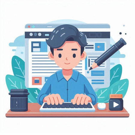 Man working on computer. Vector illustration in a flat style. Cartoon characterのイラスト素材