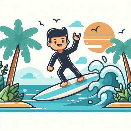 Surfer on the surfboard. Vector illustration in flat style.のイラスト素材