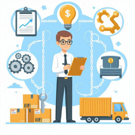 Businessman with clipboard and icons of logistics, transportation and distribution. Vector illustrationのイラスト素材