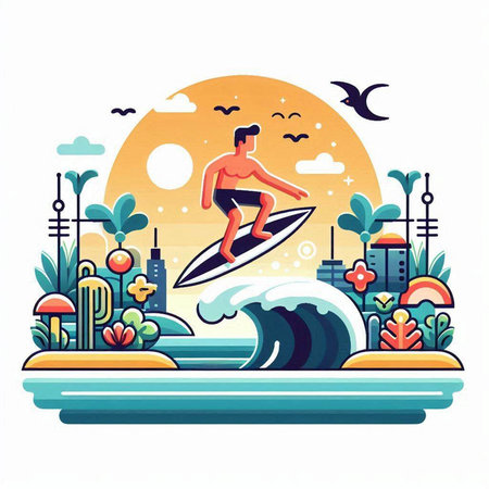 Surfer on the wave in the sea. Vector illustration in flat styleのイラスト素材