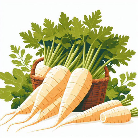 Carrots in a wicker basket with parsley on a white backgroundのイラスト素材