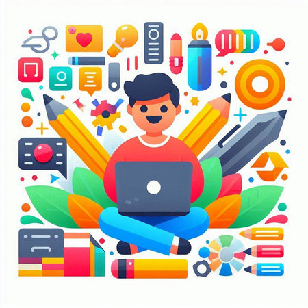 Flat design vector illustration concept of online education, distance learning, e-learning, webinar, webinar, course, training. Man sitting with laptop, books and pencils.のイラスト素材