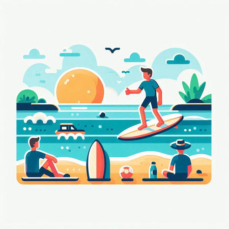 Surfers on the beach. Vector illustration in flat style.のイラスト素材