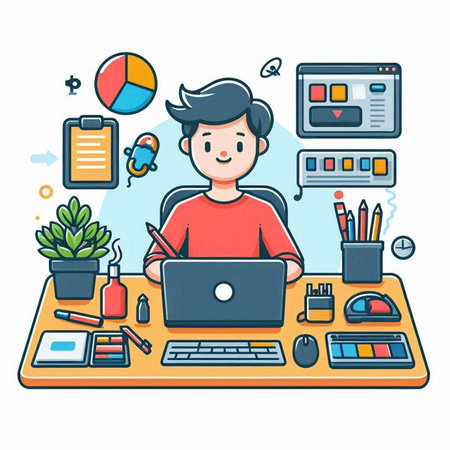 Illustration of a young man working on a laptop at home.のイラスト素材