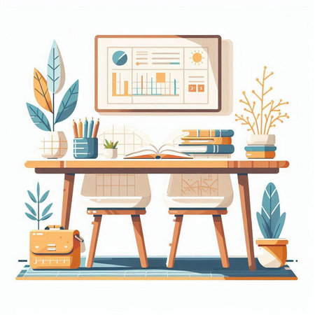Office desk with books, laptop and accessories. Vector illustration in flat styleのイラスト素材