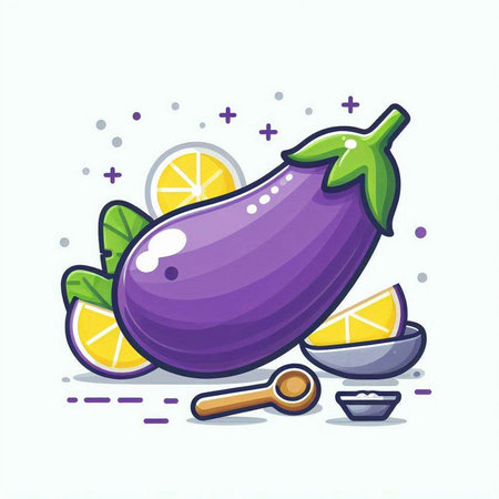 Illustration of fresh eggplant, lemon and honey. Vector illustration.のイラスト素材